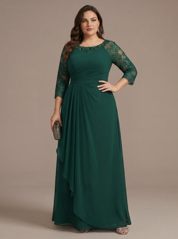 A-Line/Princess Scoop Floor-Length Plus Size Mother of the Bride Dresses with Ruffles Lace 3/4 Sleeves