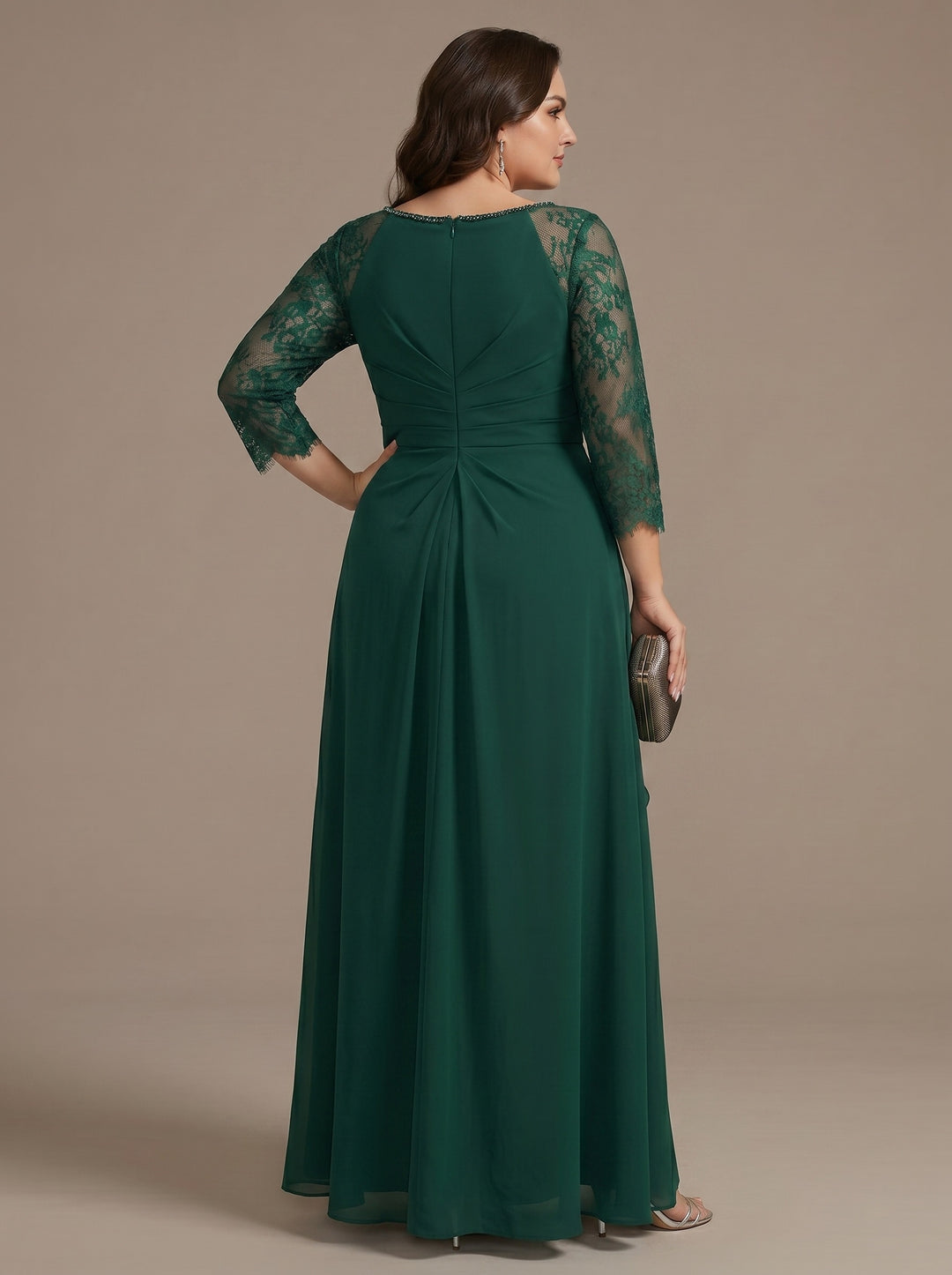 A-Line/Princess Scoop Floor-Length Plus Size Mother of the Bride Dresses with Ruffles Lace 3/4 Sleeves