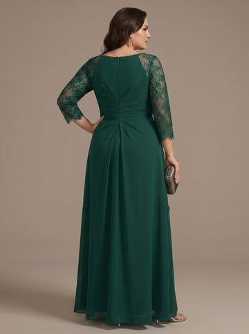A-Line/Princess Scoop Floor-Length Plus Size Mother of the Bride Dresses with Ruffles Lace 3/4 Sleeves