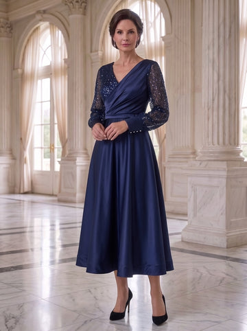 A-Line/Princess V-Neck Satin Mother of the Bride Dresses Long Sleeves Tea-Length Sequins