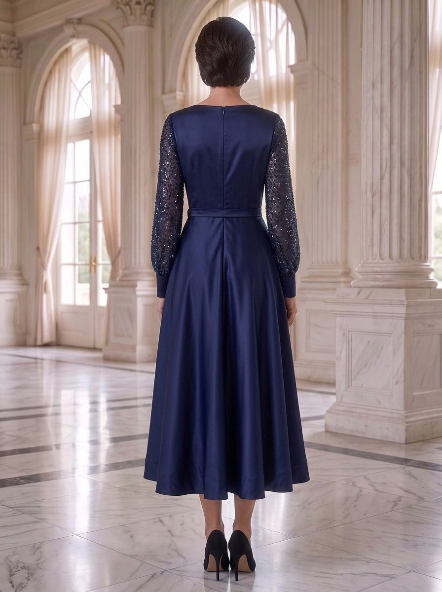 A-Line/Princess V-Neck Satin Mother of the Bride Dresses Long Sleeves Tea-Length Sequins