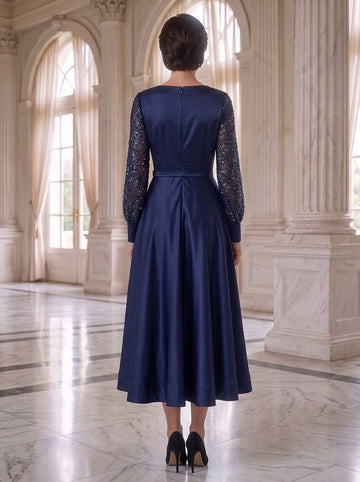 A-Line/Princess V-Neck Satin Mother of the Bride Dresses Long Sleeves Tea-Length Sequins
