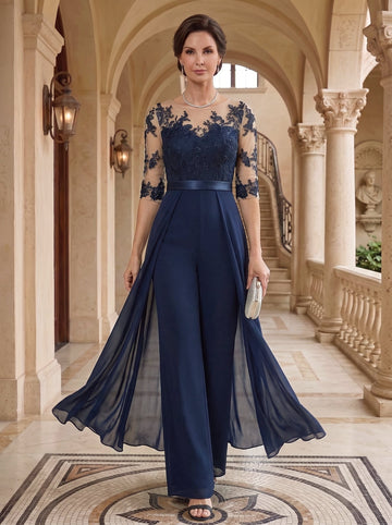 Scoop Chiffon Mother of the Bride Jumpsuit Lace Ankle-Length Half Sleeves Wedding Guest Dress