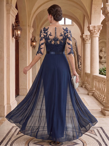 Scoop Chiffon Mother of the Bride Jumpsuit Lace Ankle-Length Half Sleeves Wedding Guest Dress