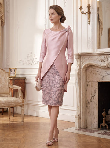 Sheath/Column 2 Pieces Scoop Satin Mother of the Bride Dresses with Jacket Lace 3/4 Sleeves Knee-Length