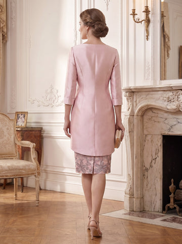 Sheath/Column 2 Pieces Scoop Satin Mother of the Bride Dresses with Jacket Lace 3/4 Sleeves Knee-Length