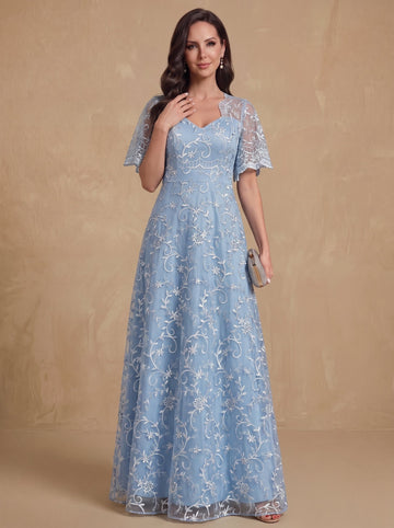A-Line/Princess Lace V-Neck Mother of the Bride Dresses Short Sleeves Floor-Length