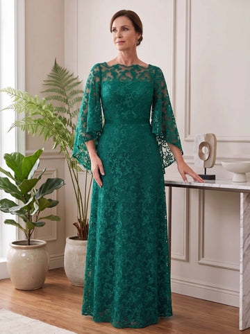 A-Line/Princess Lace Bateau Mother of the Bride Dresses Long Sleeves Floor-Length Backless