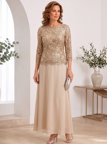 Sheath/Column Scoop Chiffon Mother of the Bride Dresses Ankle-Length Lace 3/4 Sleeves