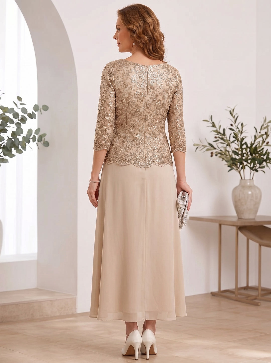 Sheath/Column Scoop Chiffon Mother of the Bride Dresses Ankle-Length Lace 3/4 Sleeves