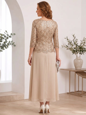 Sheath/Column Scoop Chiffon Mother of the Bride Dresses Ankle-Length Lace 3/4 Sleeves