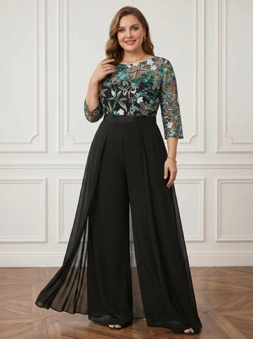 Jumpsuit Scoop Chiffon Plus Size Mother of the Bride Pantsuits Floor-Length 3/4 Sleeves Floral Sequins