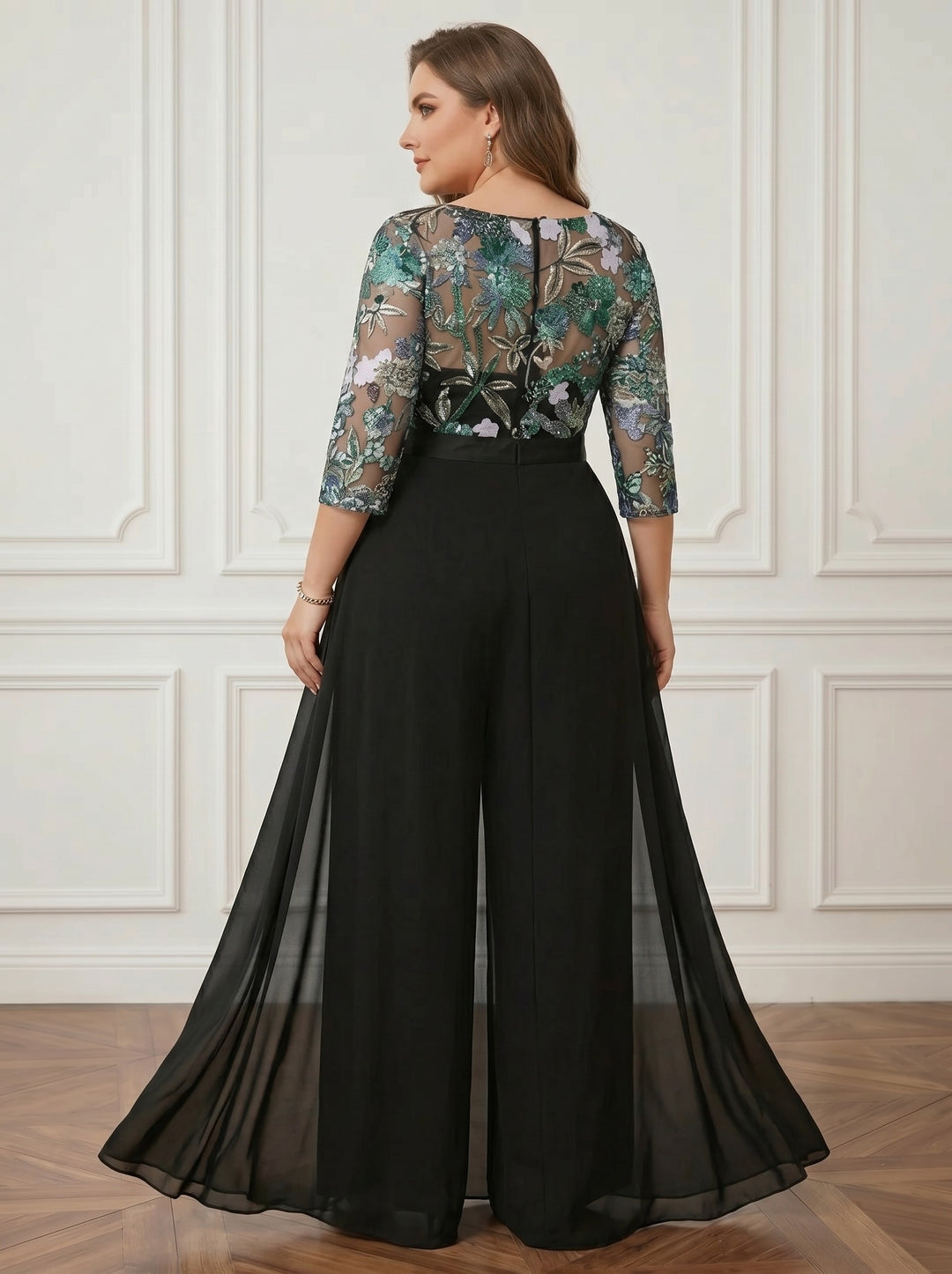 Jumpsuit Scoop Chiffon Plus Size Mother of the Bride Pantsuits Floor-Length 3/4 Sleeves Floral Sequins