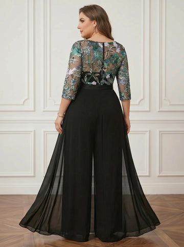 Jumpsuit Scoop Chiffon Plus Size Mother of the Bride Pantsuits Floor-Length 3/4 Sleeves Floral Sequins