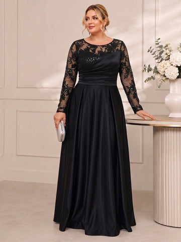 A-Line/Princess Satin Scoop Plus Size Mother of the Bride Dresses Lace Ruched Long Sleeves Ankle-Length