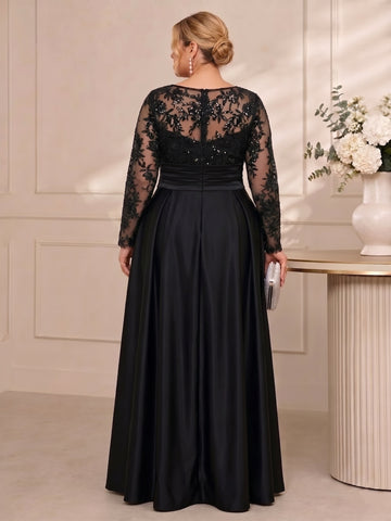 A-Line/Princess Satin Scoop Plus Size Mother of the Bride Dresses Lace Ruched Long Sleeves Ankle-Length