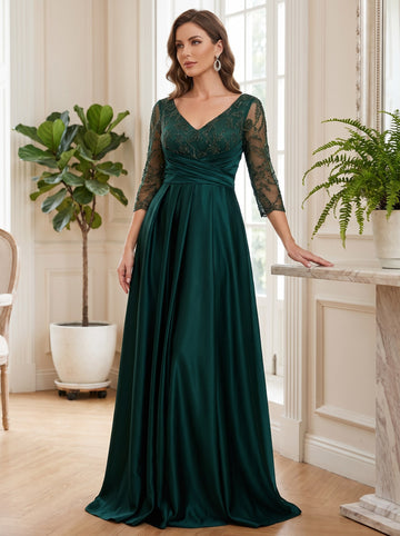 A-Line/Princess Satin V-Neck Mother of the Bride Dresses Lace Ruched 3/4 Sleeves Floor-Length Formal Dress