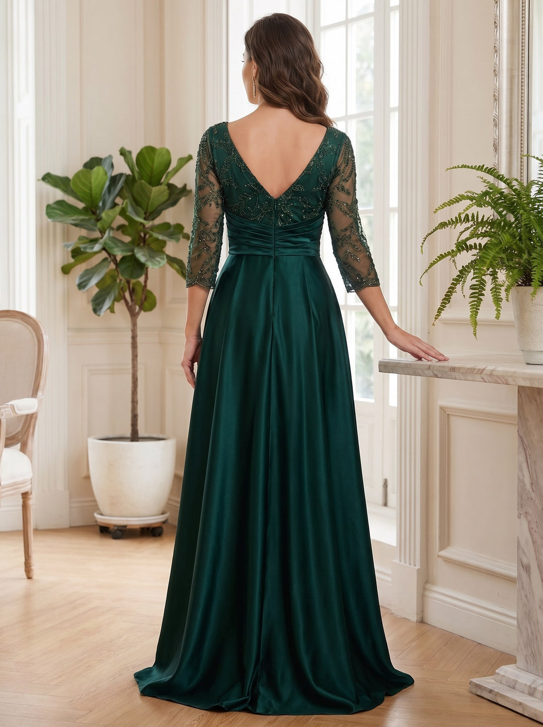 A-Line/Princess Satin V-Neck Mother of the Bride Dresses Lace Ruched 3/4 Sleeves Floor-Length Formal Dress