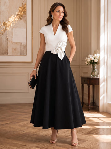 A-Line/Princess V-Neck Satin Mother of the Bride Dresses Short Sleeves Ankle-Length 3D Flower