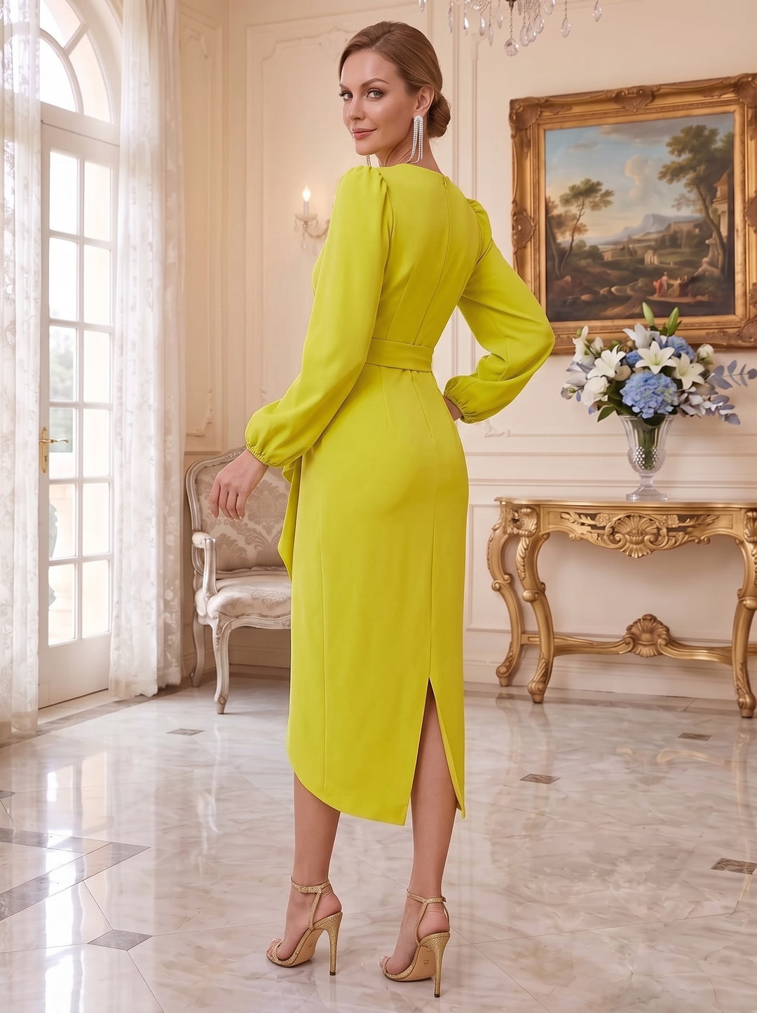 Sheath/Column V-Neck Mother of the Bride Dresses Stretch Satin Tea-Length Long Sleeves Ruffles Ruched Cocktail Dress