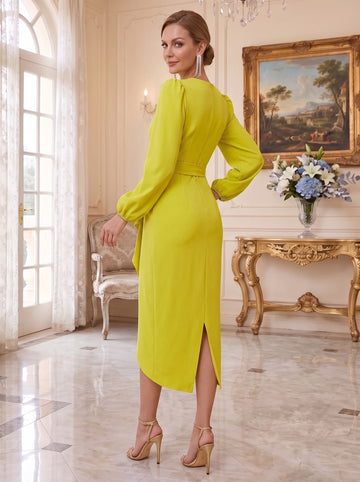 Sheath/Column V-Neck Mother of the Bride Dresses Stretch Satin Tea-Length Long Sleeves Ruffles Ruched Cocktail Dress