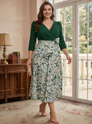 A-Line/Princess V-Neck Satin Plus Size Mother of the Bride Dresses 3/4 Sleeves Tea-Length Floral with Bow Pleats