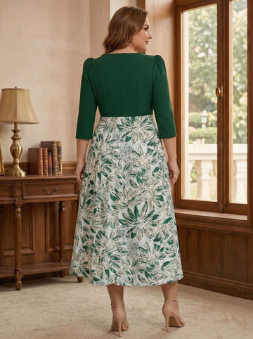 A-Line/Princess V-Neck Satin Plus Size Mother of the Bride Dresses 3/4 Sleeves Tea-Length Floral with Bow Pleats