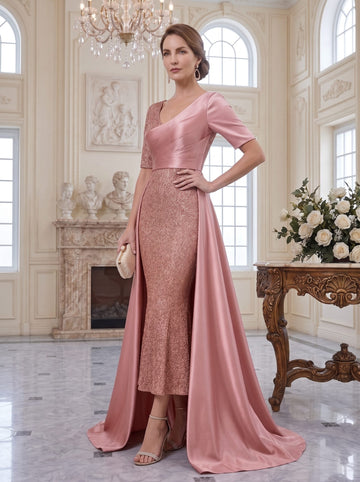 Sheath/Column V-Neck Sequins Mother of the Bride Dresses Satin Half Sleeves Tea-Length Sweep/Brush Train
