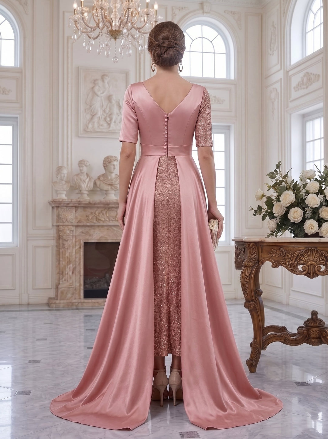 Sheath/Column V-Neck Sequins Mother of the Bride Dresses Satin Half Sleeves Tea-Length Sweep/Brush Train