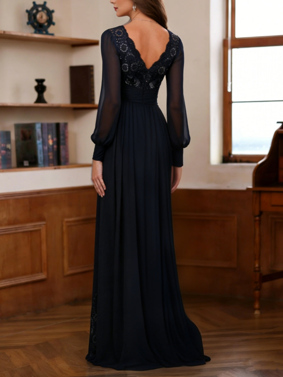 Sheath/Column V-Neck Chiffon Mother of the Bride Dresses With Overskirt Floor-Length Long Sleeves Lace Sequins