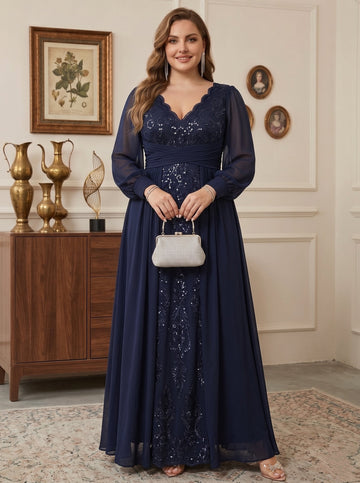 Sheath/Column V-Neck Chiffon Plus Size Mother of the Bride Dresses With Overskirt Floor-Length Long Sleeves Lace Sequins