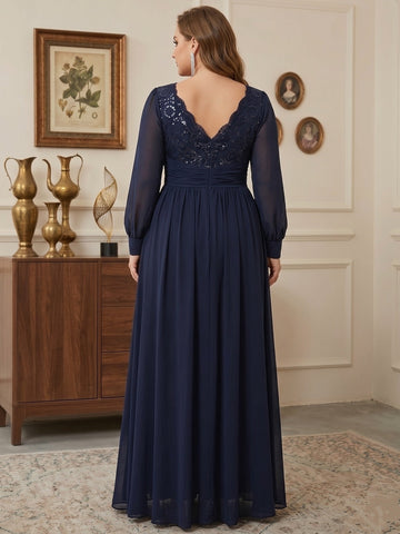 Sheath/Column V-Neck Chiffon Plus Size Mother of the Bride Dresses With Overskirt Floor-Length Long Sleeves Lace Sequins