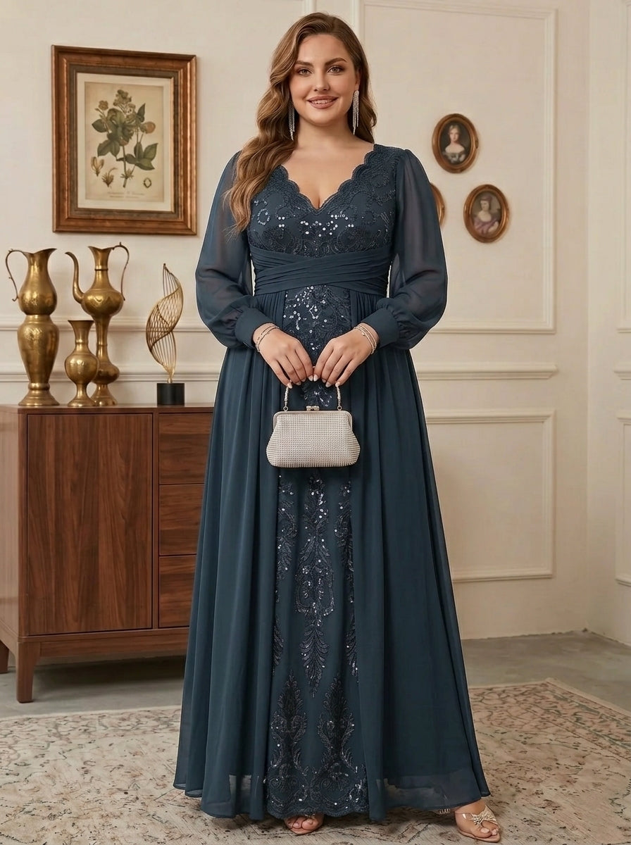 Sheath/Column V-Neck Chiffon Plus Size Mother of the Bride Dresses With Overskirt Floor-Length Long Sleeves Lace Sequins