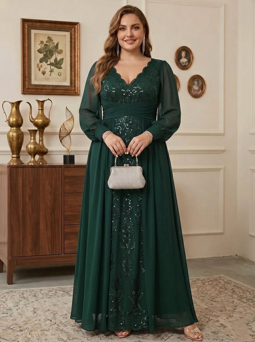 Sheath/Column V-Neck Chiffon Plus Size Mother of the Bride Dresses With Overskirt Floor-Length Long Sleeves Lace Sequins