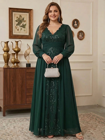 Sheath/Column V-Neck Chiffon Plus Size Mother of the Bride Dresses With Overskirt Floor-Length Long Sleeves Lace Sequins
