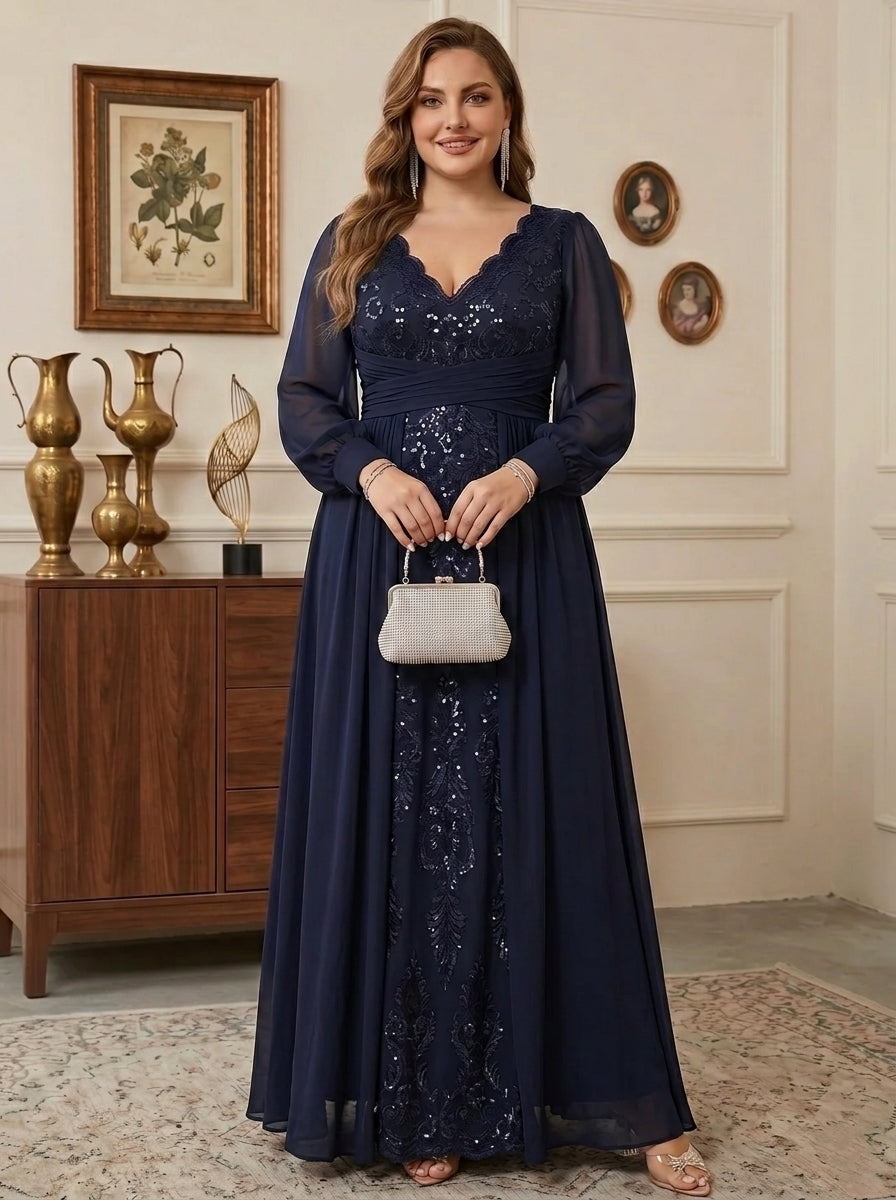 Sheath/Column V-Neck Chiffon Plus Size Mother of the Bride Dresses With Overskirt Floor-Length Long Sleeves Lace Sequins