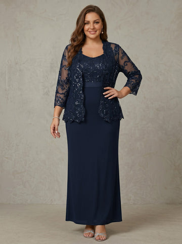 Sheath/Column Scoop Long Sleeves Chiffon Ankle-Length Plus Size Mother of the Bride Dresses with Jacket Lace