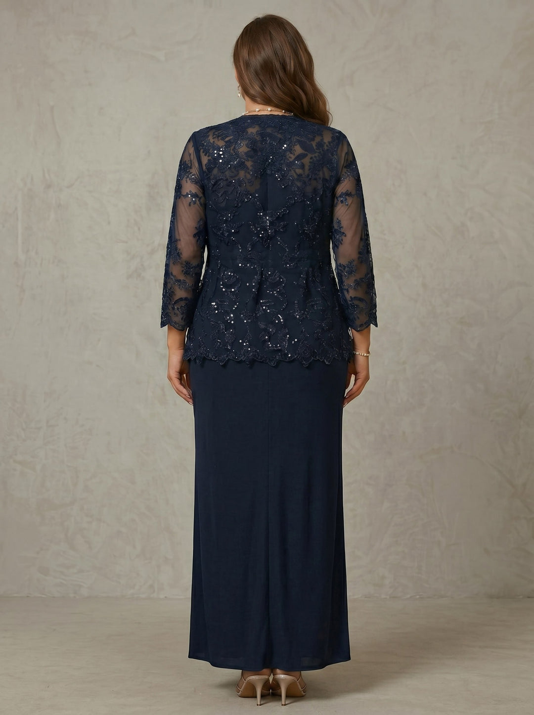 Sheath/Column Scoop Long Sleeves Chiffon Ankle-Length Plus Size Mother of the Bride Dresses with Jacket Lace