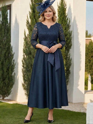 A-Line/Princess V-Neck Satin Plus Size Mother of the Bride Dresses Lace 3/4 Sleeves Ankle-Length Bow
