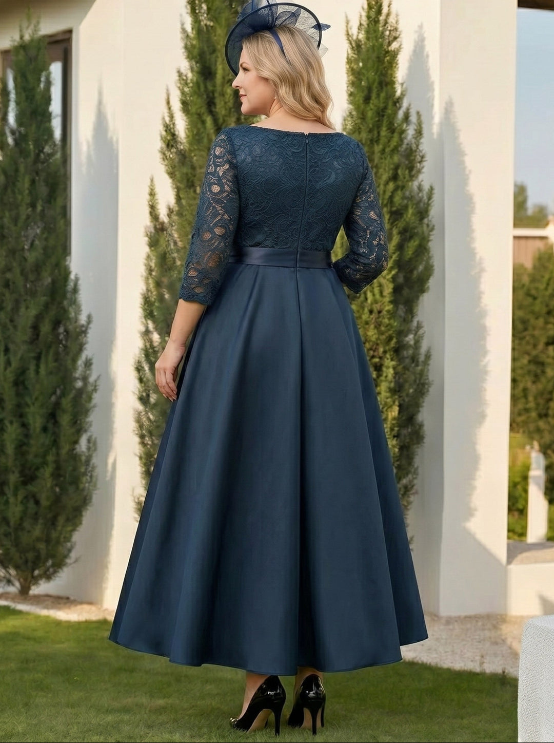 A-Line/Princess V-Neck Satin Plus Size Mother of the Bride Dresses Lace 3/4 Sleeves Ankle-Length Bow