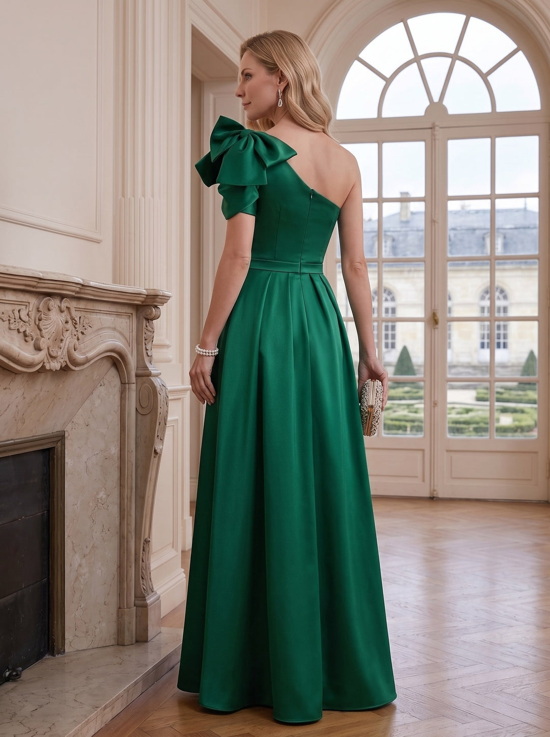 A-Line/Princess One-Shoulder Satin Mother of the Bride Dresses Sleeveless Tea-Length Bow