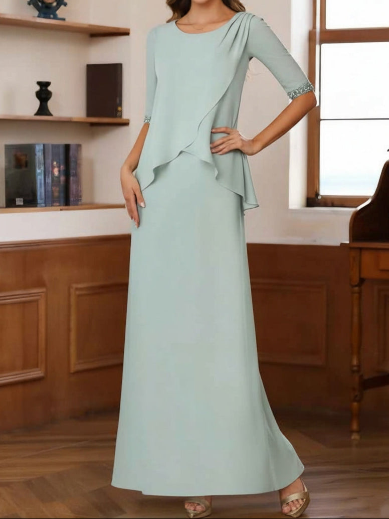 Sheath/Column Scoop Chiffon Mother of the Bride Dresses Ankle-Length Half Sleeves Sequins Ruched