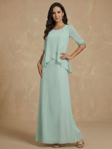 Sheath/Column Scoop Chiffon Mother of the Bride Dresses Ankle-Length Half Sleeves Sequins Ruched