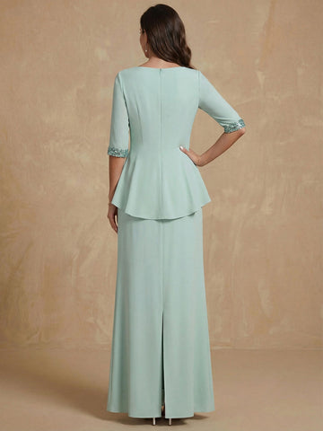 Sheath/Column Scoop Chiffon Mother of the Bride Dresses Ankle-Length Half Sleeves Sequins Ruched