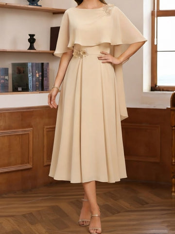 A-Line/Princess Cowl Neck Chiffon Mother of the Bride Dresses Tea-Length Pleated Cape Sleeves Beading