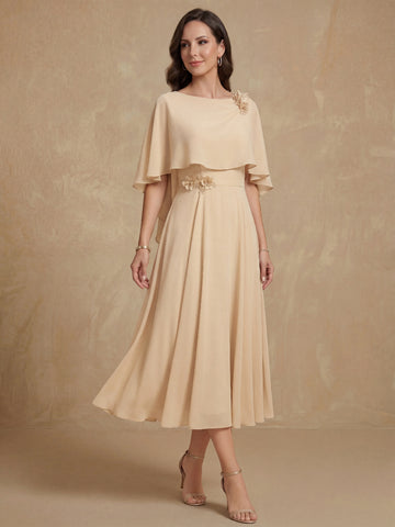 A-Line/Princess Cowl Neck Chiffon Mother of the Bride Dresses Tea-Length Pleated Cape Sleeves Beading