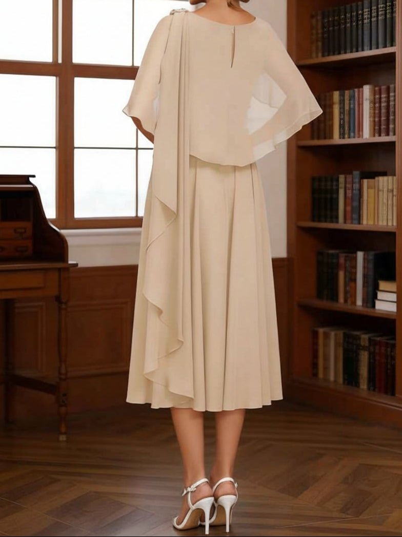 A-Line/Princess Cowl Neck Chiffon Mother of the Bride Dresses Tea-Length Pleated Cape Sleeves Beading