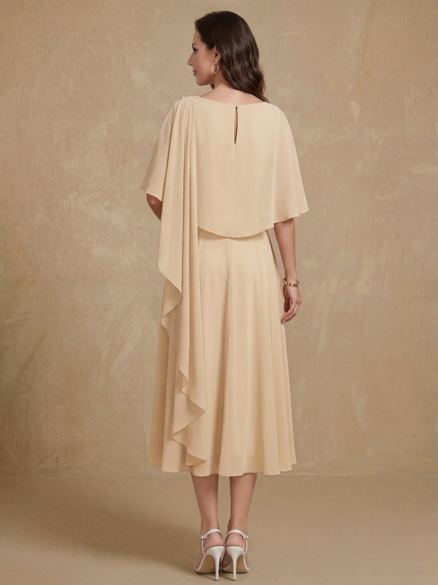 A-Line/Princess Cowl Neck Chiffon Mother of the Bride Dresses Tea-Length Pleated Cape Sleeves Beading