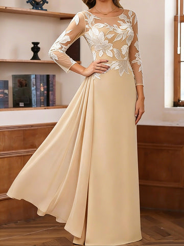 Sheath/Column Scoop Chiffon Mother of the Bride Dresses Ankle-Length 3/4 Sleeves Lace Flower with Overskirt