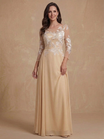 Sheath/Column Scoop Chiffon Mother of the Bride Dresses Ankle-Length 3/4 Sleeves Lace Flower with Overskirt